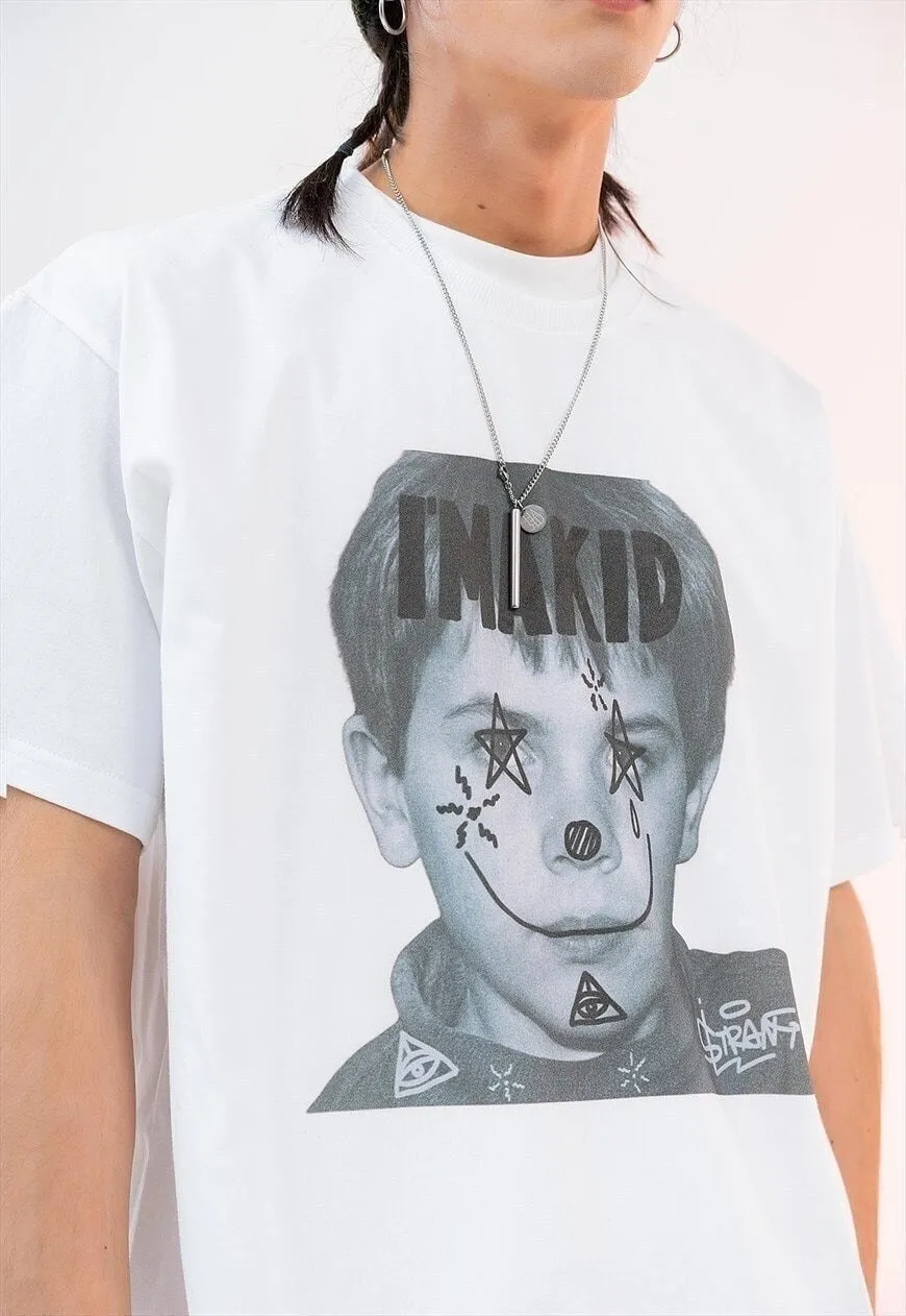 Kid print t-shirt teenage graffiti tee wavy grunge top white